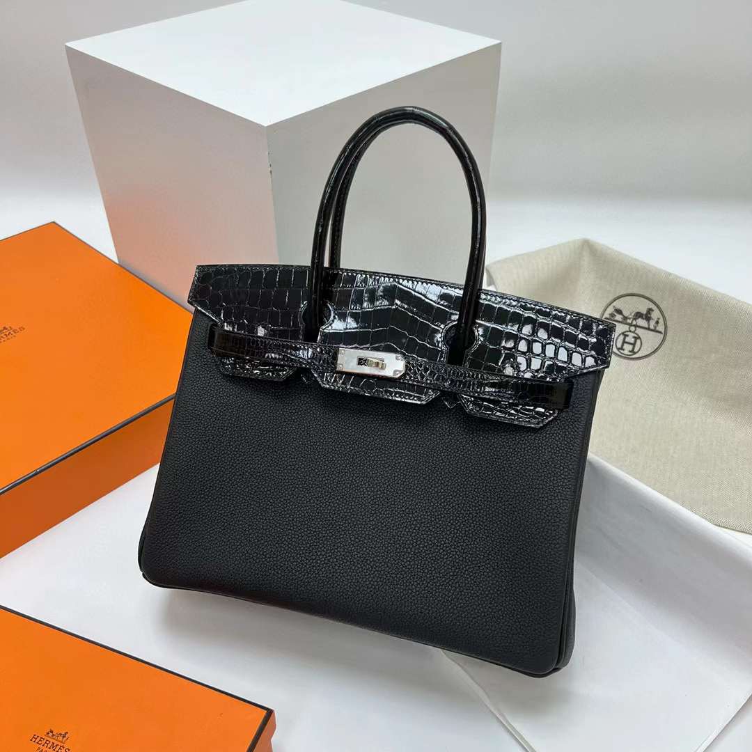 Hermès（爱马仕）Birkin 铂金包 Touch Togo 拼 亮面尼罗鳄鱼 Ck89 黑色 银扣 30cm 全手工蜡线缝制 Phw