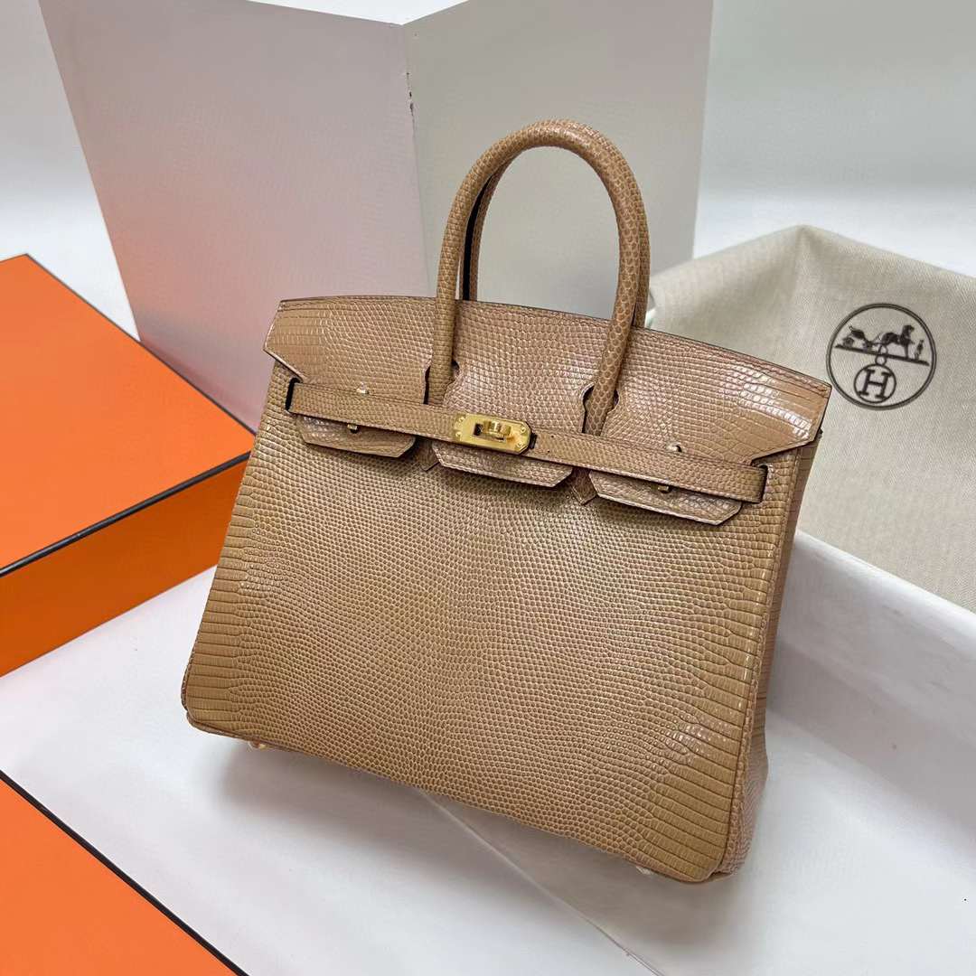 Hermès（爱马仕）Birkin 铂金包 Lizard 进口蜥蜴皮 杏色 金扣 25cm 全手工蜡线缝制 Ghw