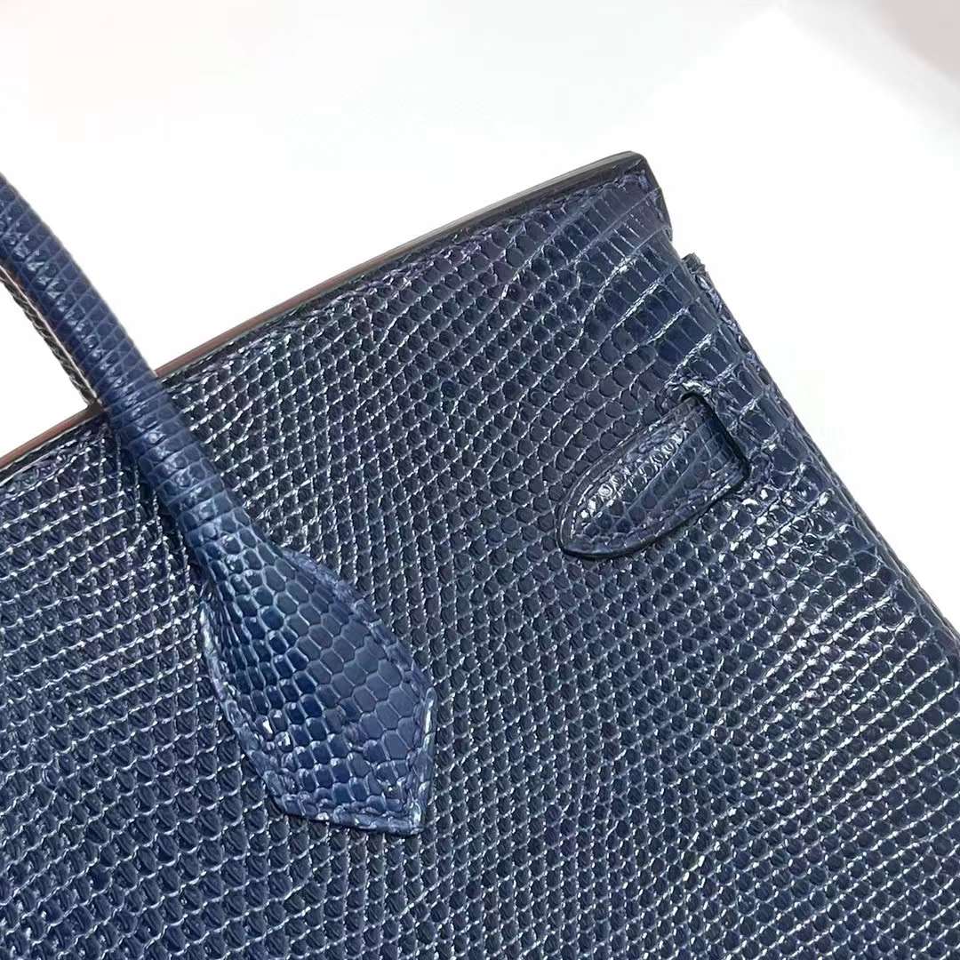 Hermès（爱马仕）Birkin 铂金包 Lizard 进口蜥蜴皮 7L 马耳他蓝 银扣 25cm 全手工蜡线缝制 Phw