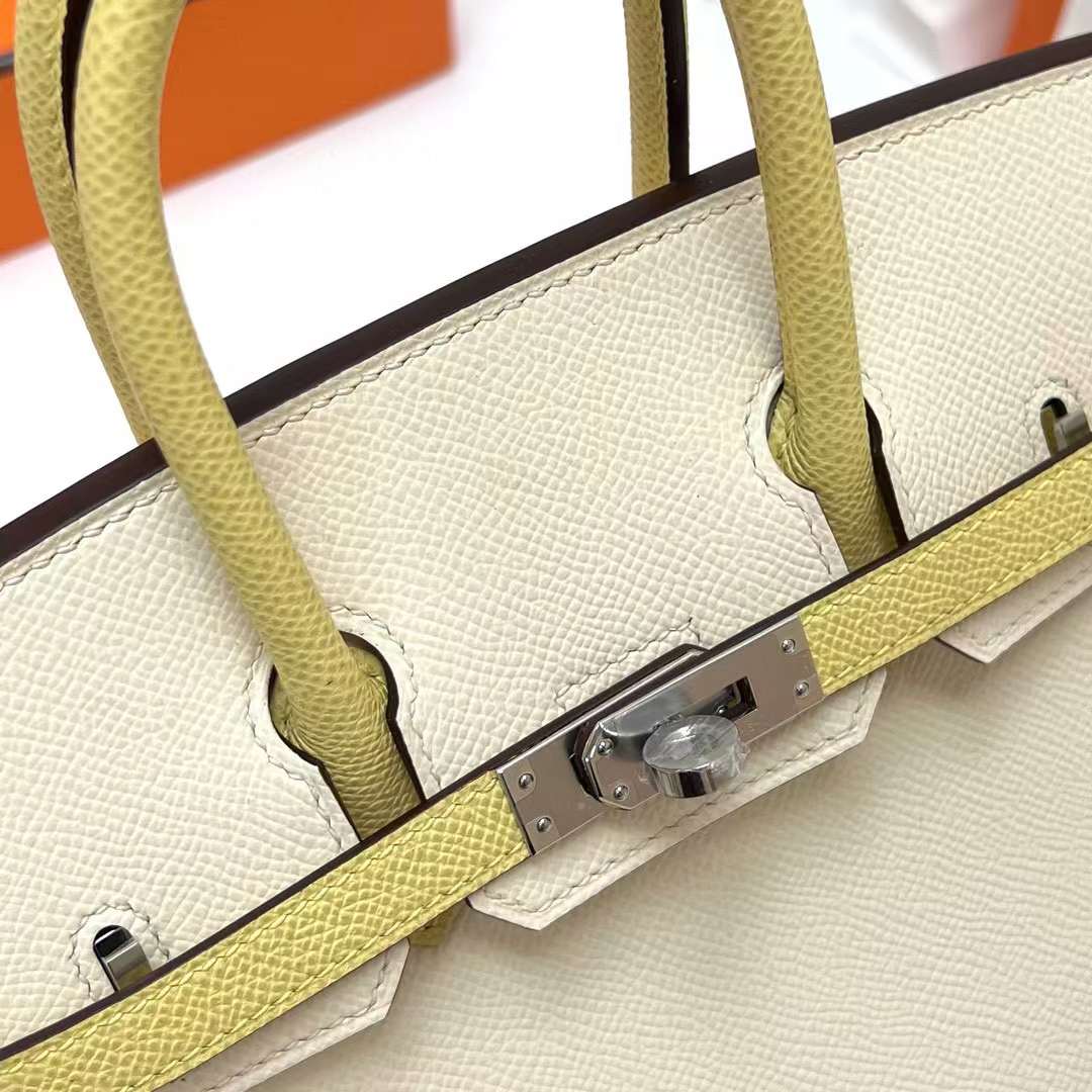 Hermès（爱马仕）Birkin 铂金包 Sellier Epsom I2 奶油白 拼 1Z 小鸡黄 银扣 25cm 全手工蜡线缝制