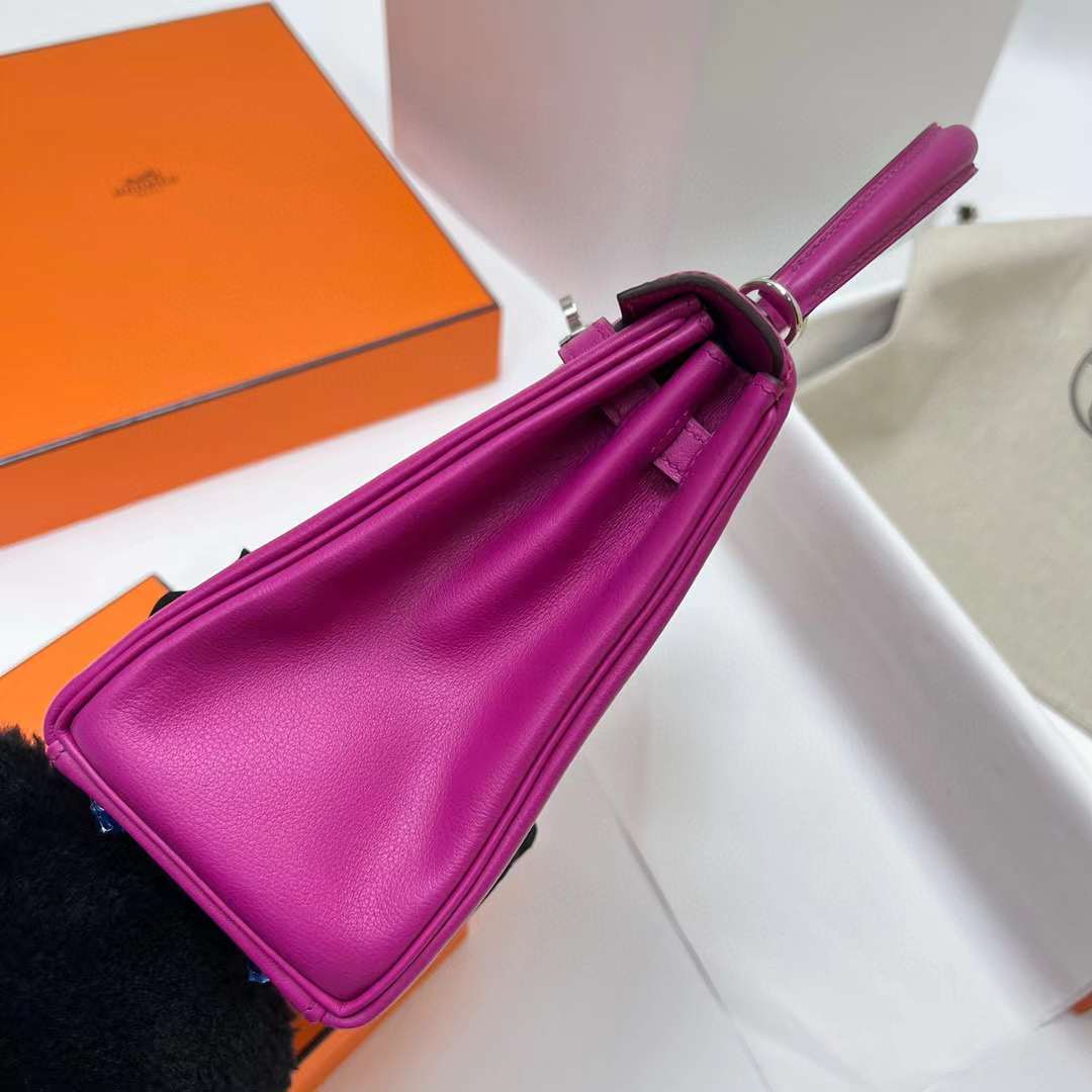 Hermès（爱马仕）Kelly 凯莉包 Swift皮 L3 玫瑰紫 银扣 25cm 全手工蜡线缝制 Phw