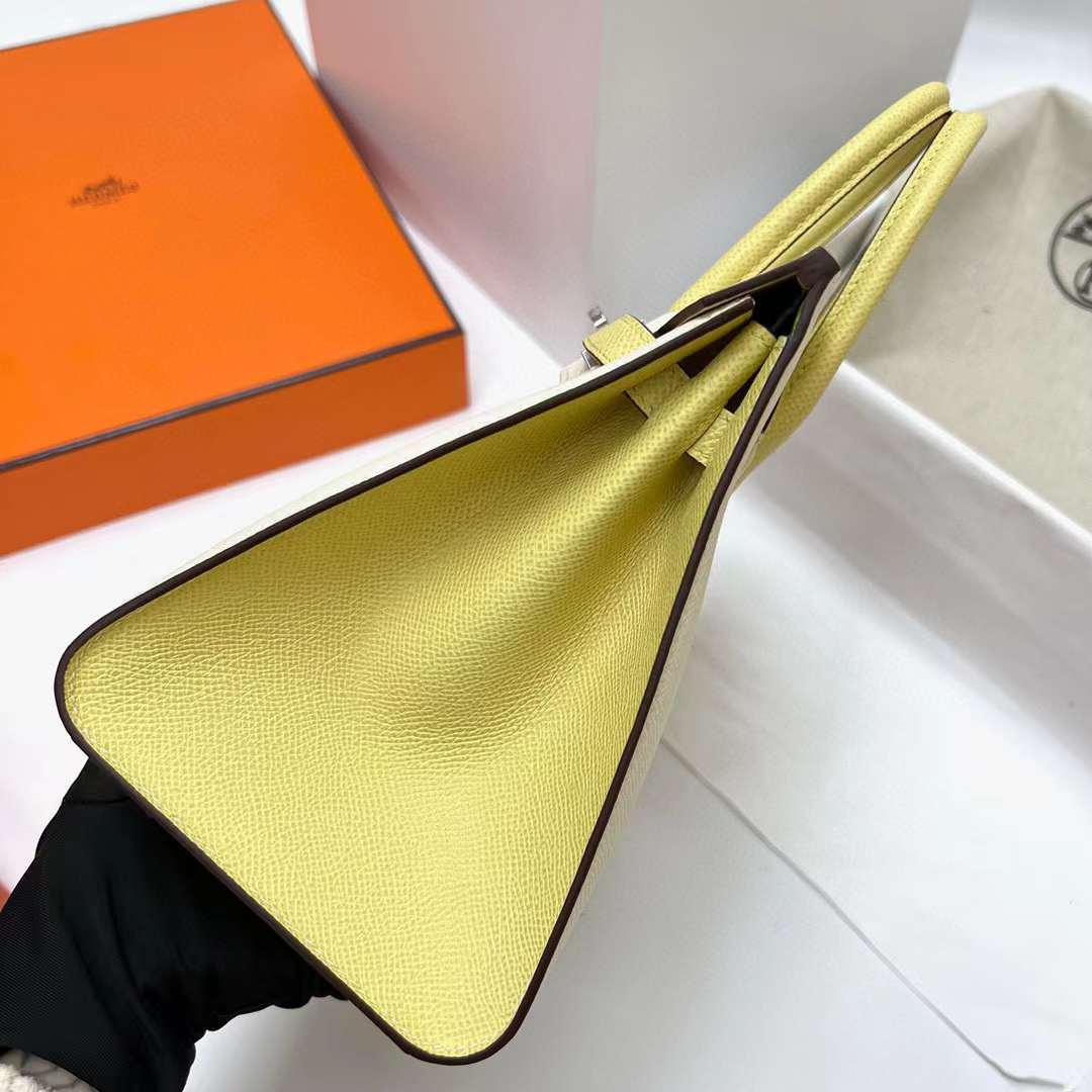 Hermès（爱马仕）Birkin 铂金包 Sellier Epsom I2 奶油白 拼 1Z 小鸡黄 银扣 25cm 全手工蜡线缝制