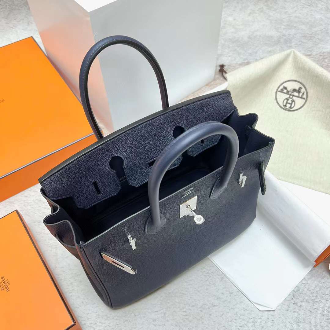 Hermès（爱马仕）Birkin 铂金包 Togo皮 2Z 午夜蓝 银扣 30cm 全手工蜡线缝制 Phw