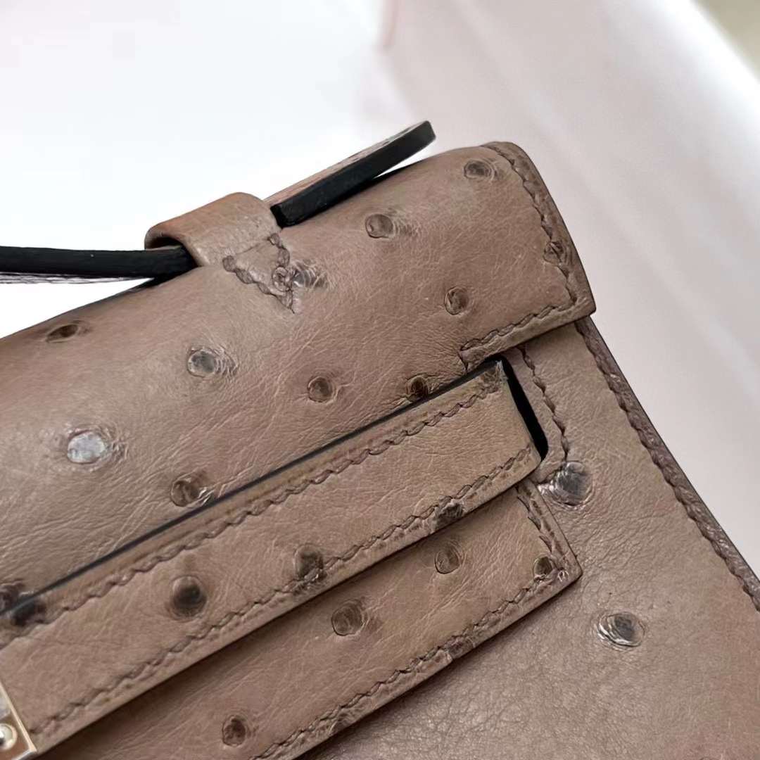 Hermès（爱马仕）Mini Kelly Pochette Ostrich 鸵鸟皮 慕斯灰 银扣 22cm 全手工蜡线缝制 Phw