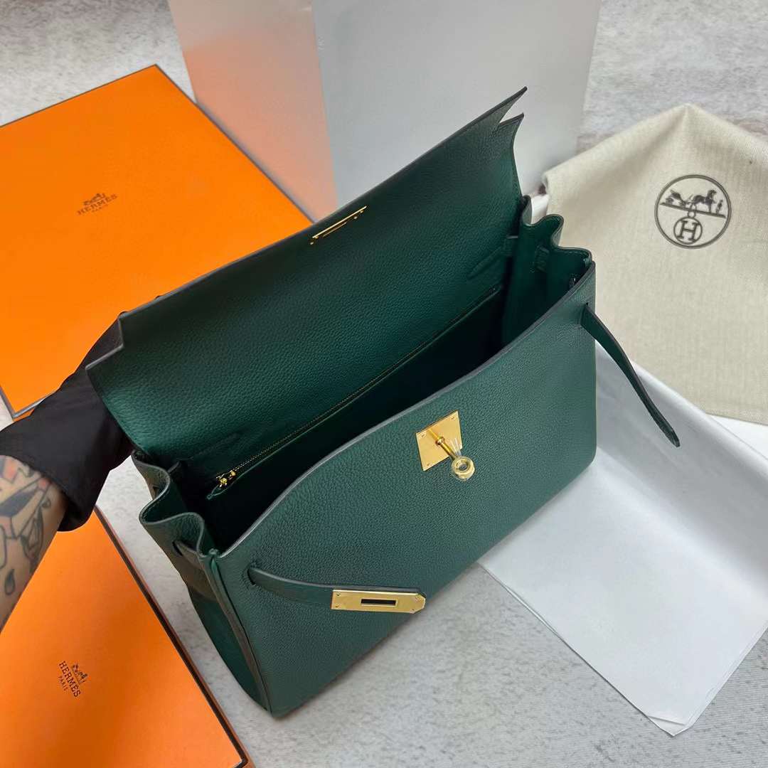Hermès（爱马仕）Kelly Togo 御用原厂顶级小牛皮 Z6 孔雀绿 金扣 32cm 全手工蜡线缝制 Ghw
