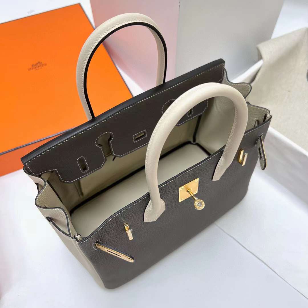 Hermès（爱马仕）Birkin 铂金包 Togo皮 8F 锡器灰 拼 Ck10 奶昔白 金扣 30cm 全手工蜡线缝制 Ghw