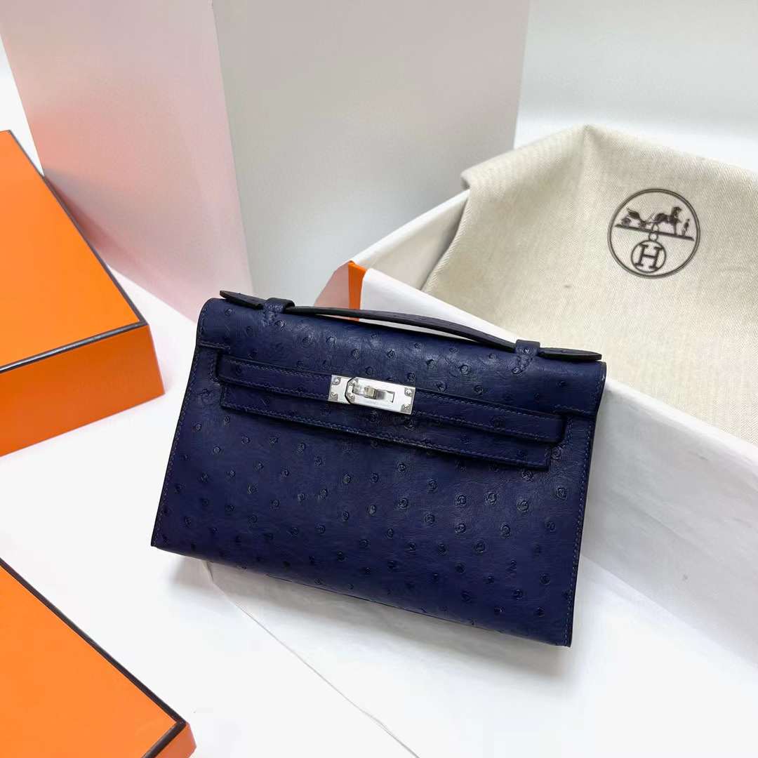 Hermès（爱马仕）Mini Kelly Pochette Ostrich 鸵鸟皮 Ck73 宝石蓝 银扣 22cm 全手工蜡线缝制 Phw