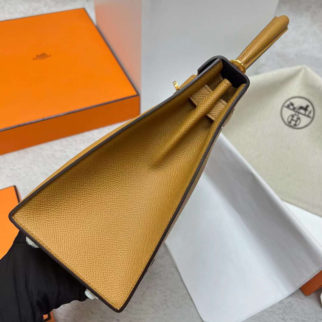 Hermès（爱马仕）Kelly 凯莉包 Epsom 三拼色 Ck18 大象灰 拼 2S 芝麻色 内拼 深海蓝 金扣 28cm 全手工蜡线缝制 Ghw