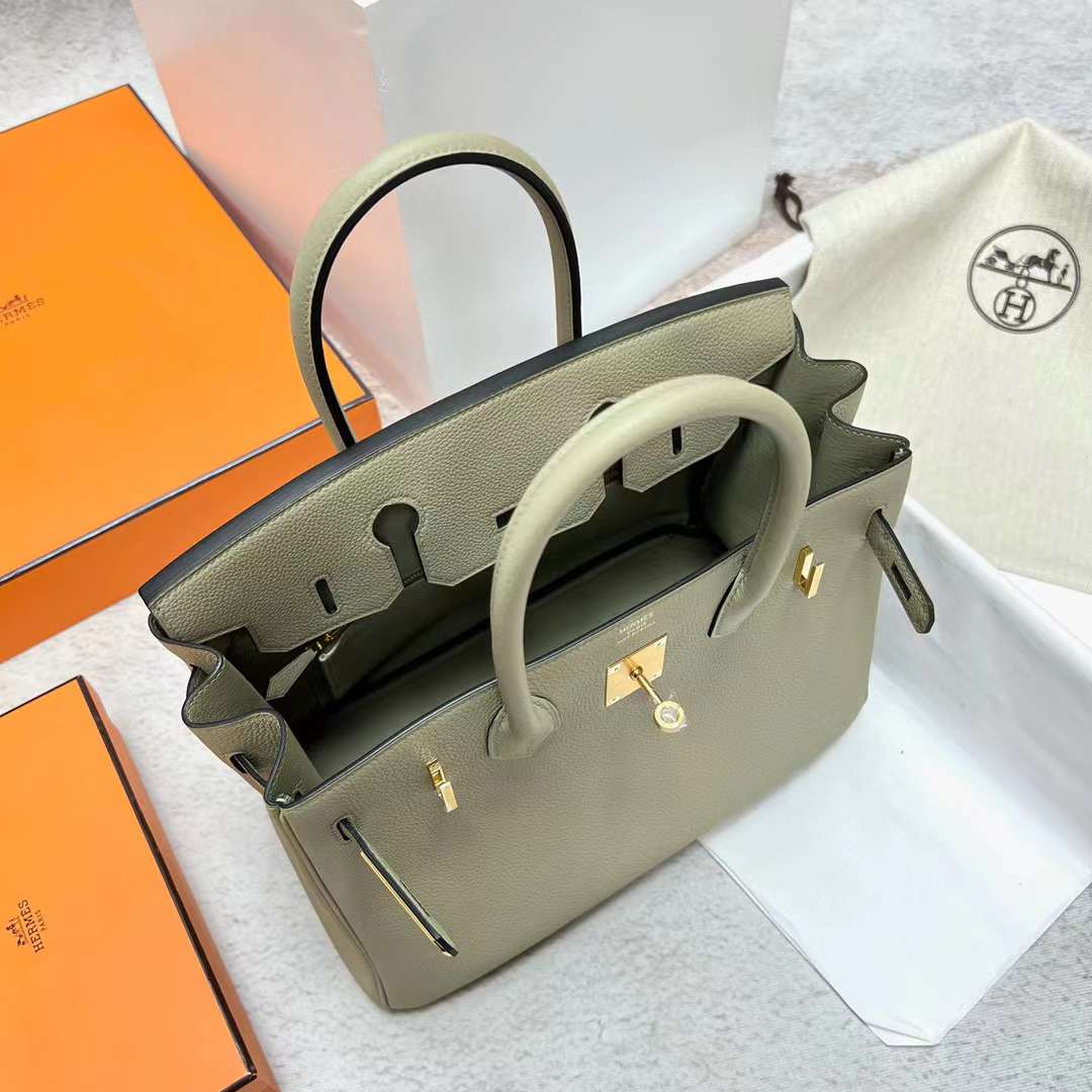 Hermès（爱马仕）Birkin 铂金包 Togo皮 Q1 鼠尾草绿 金扣 30cm 全手工蜡线缝制 Ghw