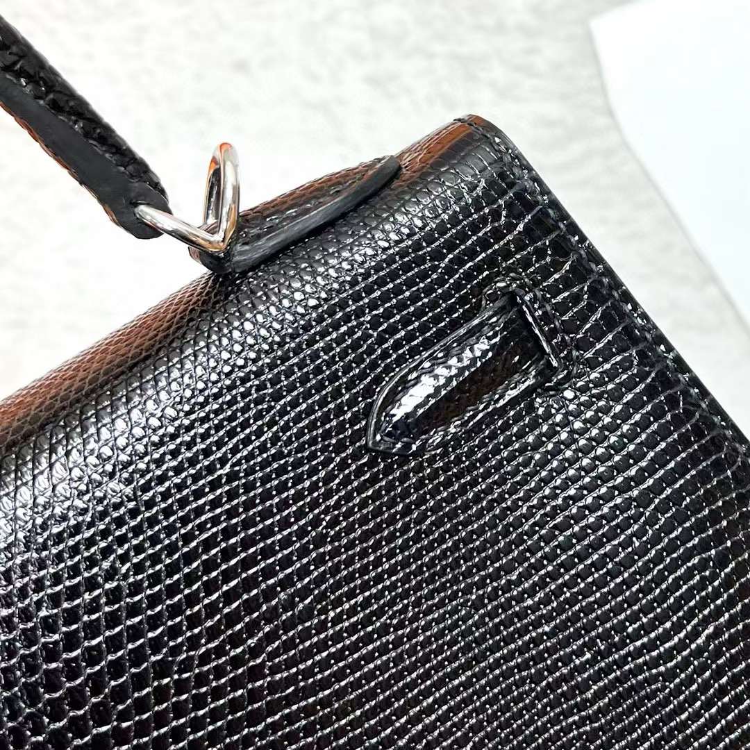 Hermès（爱马仕）Kelly 凯莉包 Lizard 进口蜥蜴皮 Ck89 黑色 银扣 25cm 全手工蜡线缝制 Phw