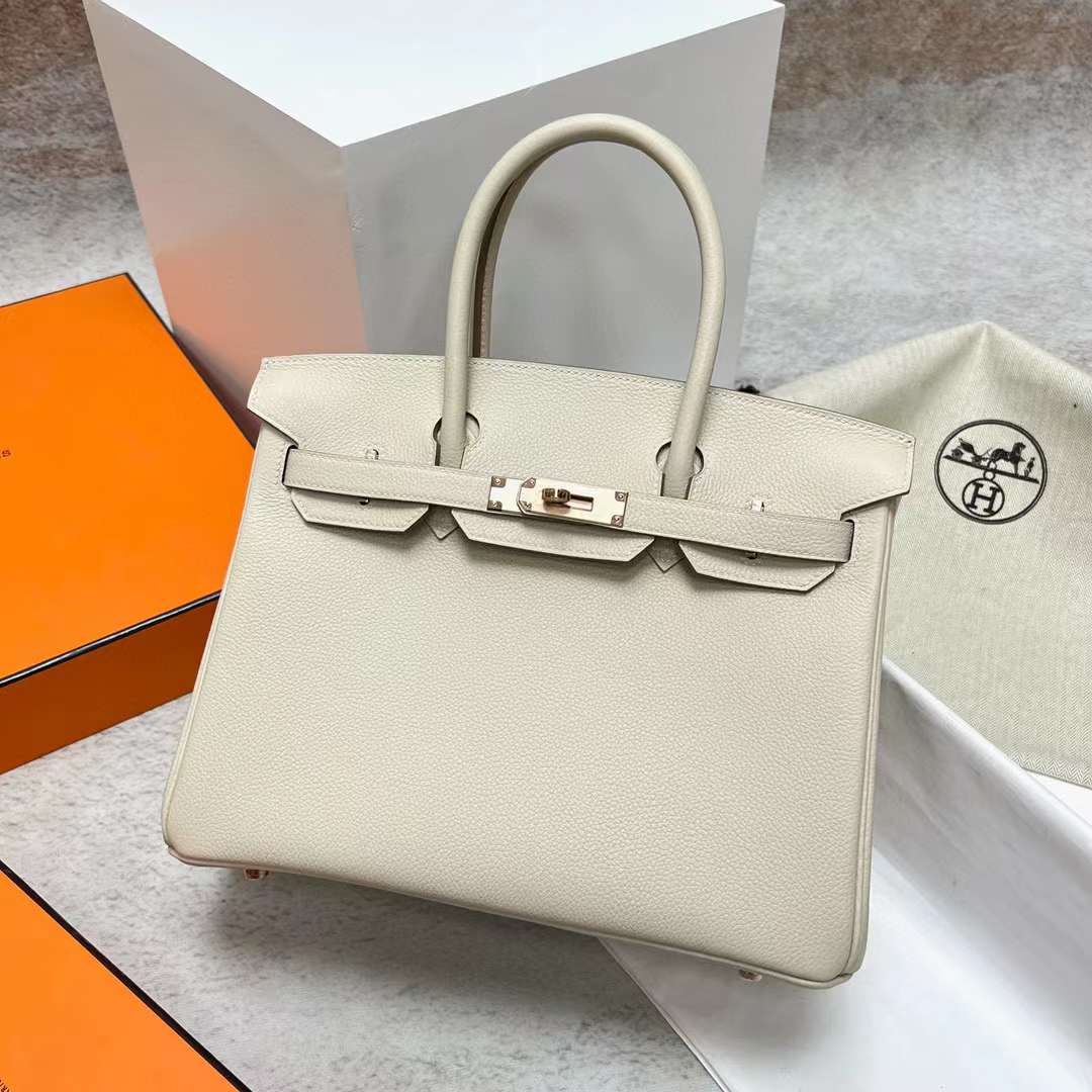 Hermès（爱马仕）Birkin 铂金包 Togo 御用原厂进口小牛皮 Ck10 奶昔白 玫瑰金扣 30cm 全手工蜡线缝制 Rghw