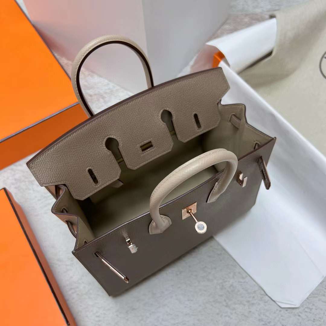 Hermès（爱马仕）Birkin 铂金包 Sellier Epsom Ck18 大象灰 拼 S2 风衣灰 玫瑰金扣 25cm 全手工蜡线缝制 Rghw