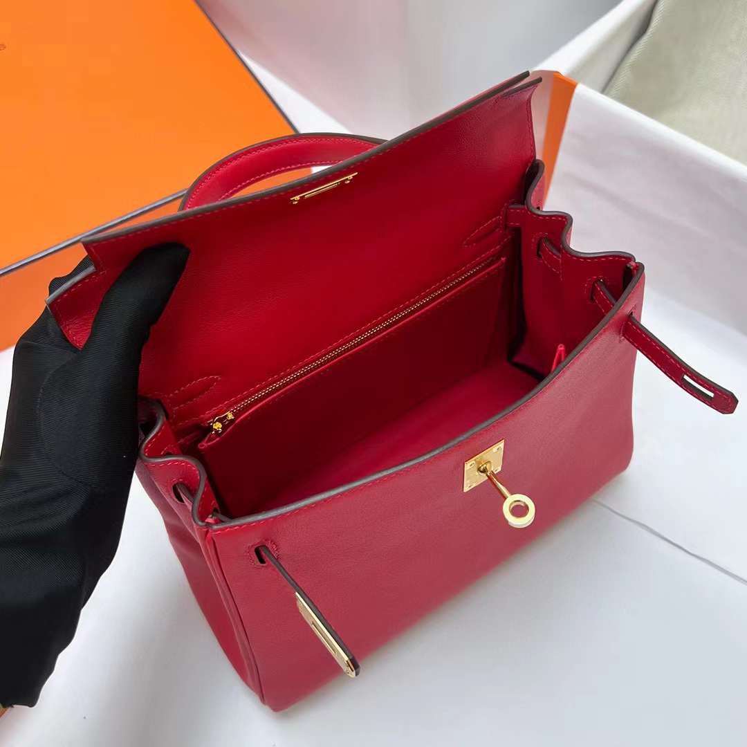 Hermès（爱马仕）Kelly 凯莉包 Swift S3 心红色 金扣 25cm 全手工蜡线缝制 Ghw