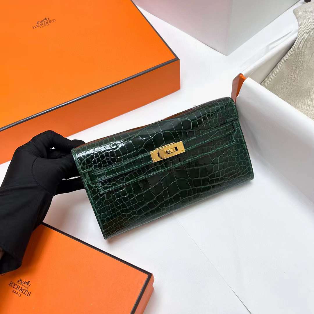 Hermès（爱马仕）Kelly to go 亮面美洲鳄鱼 shiny alligator crocodile Ck67 祖母绿 金扣 20cm 全手工蜡线缝制 Ghw