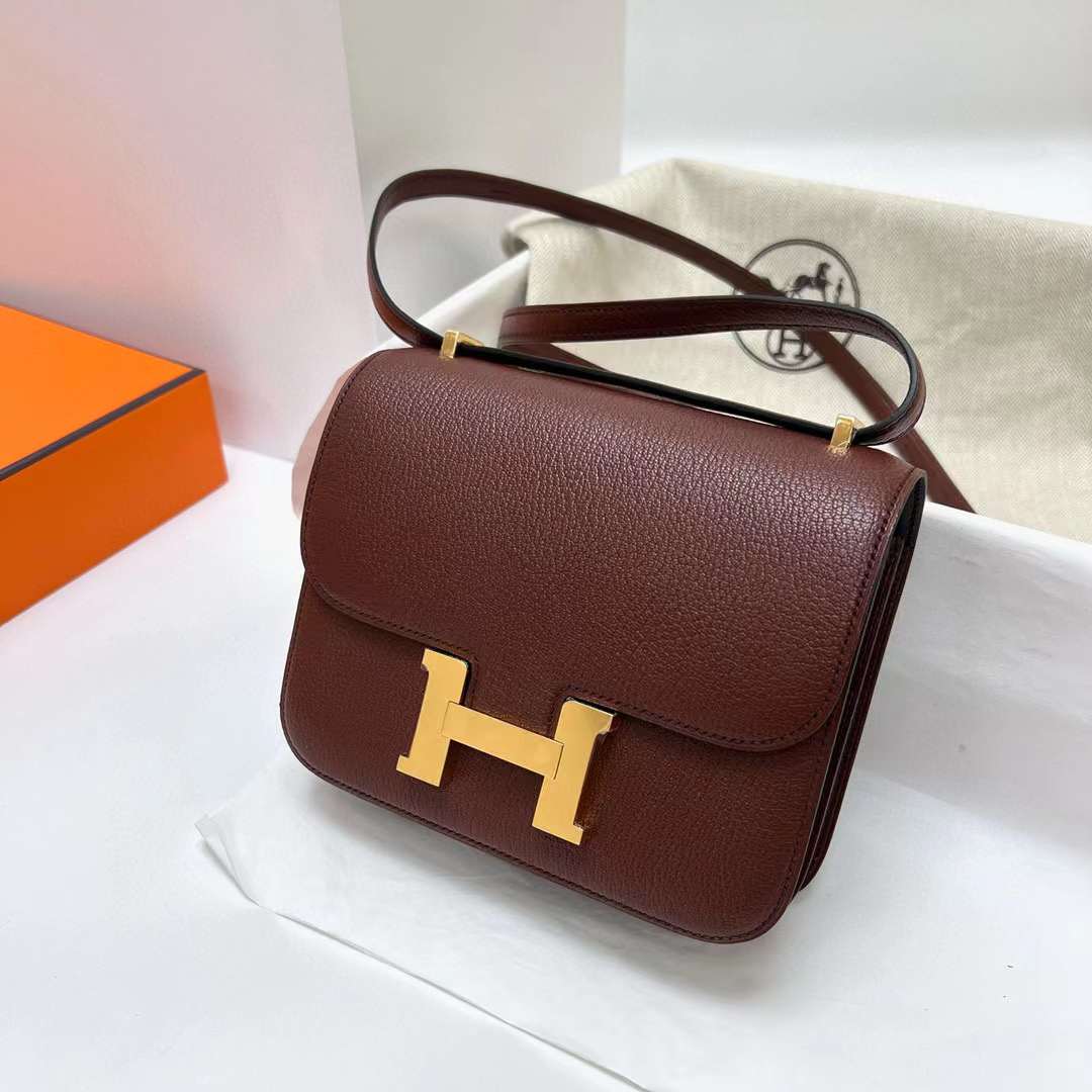 Hermès（爱马仕）Constance 空姐包 Chevre 进口山羊皮 Ck41 哈瓦那色 内拼 乌木色 金扣 19cm 全手工蜡线缝制 Ghw