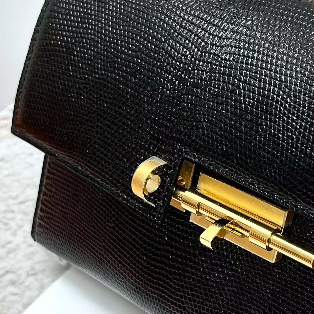 Hermès（爱马仕）Verrou 机枪包 Lizard 进口蜥蜴皮 Ck89 黑色 金扣 17.5cm 全手工蜡线缝制 Ghw