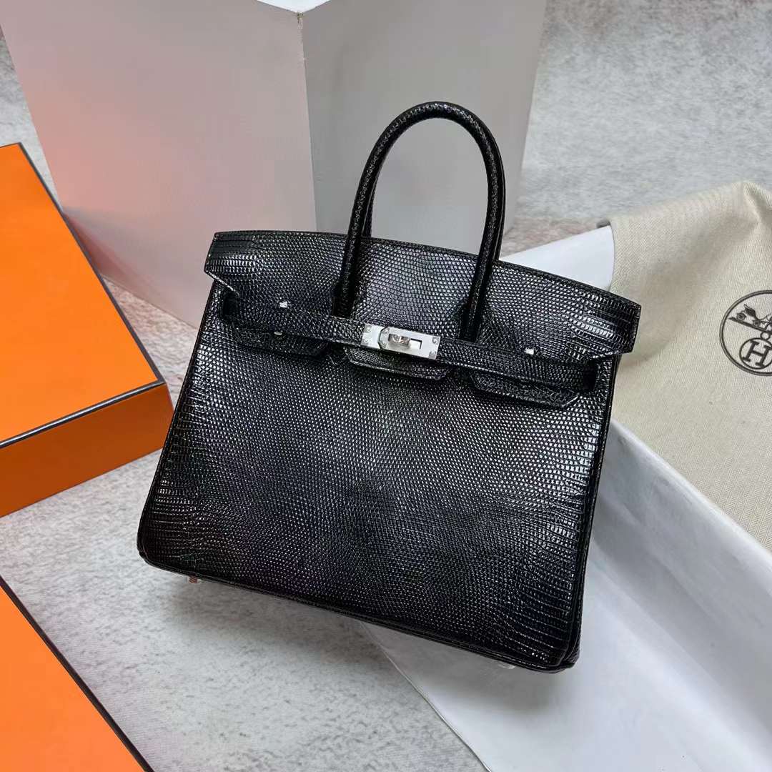 Hermès（爱马仕）Birkin 铂金包 Lizard 进口蜥蜴皮 Ck89 黑色 银扣 25cm 全手工蜡线缝制 Phw