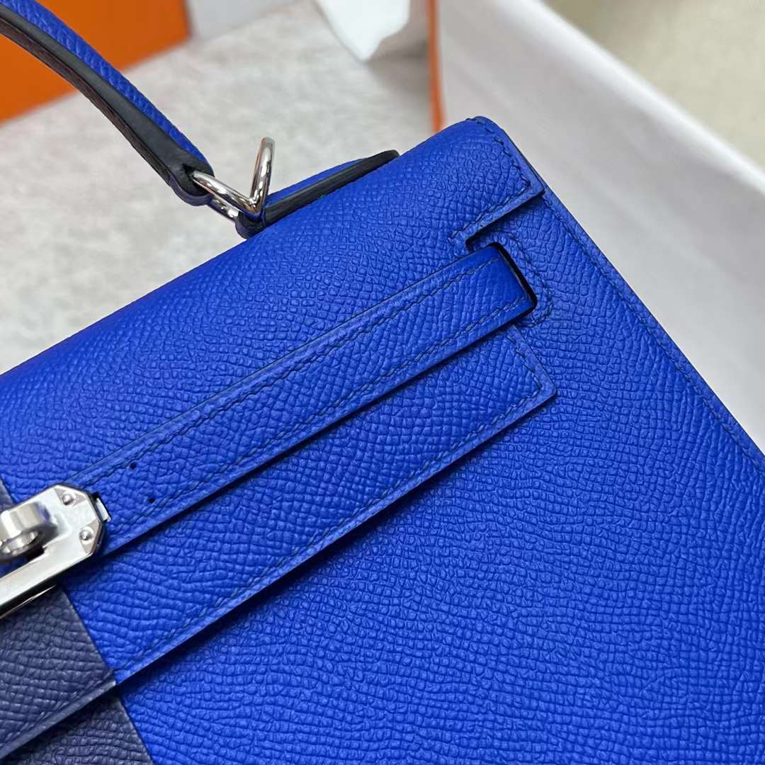 Hermès（爱马仕）Kelly 凯莉包 Epsom 三拼色 Ck73 宝石蓝 拼 O8 法国蓝 内拼 金棕色 银扣 25cm 全手工蜡线缝制 Phw