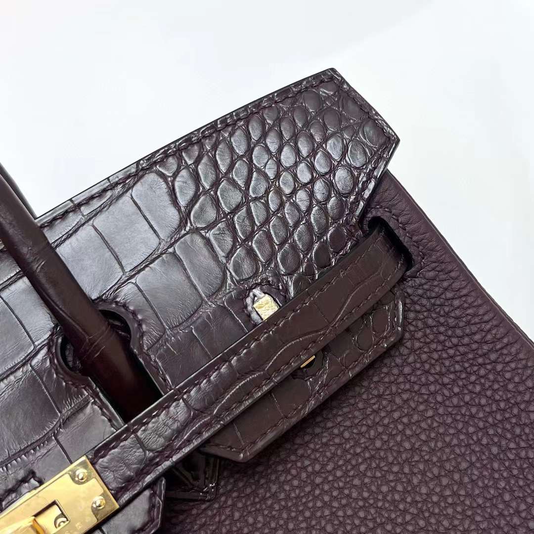 Hermès（爱马仕）Birkin 铂金包 Touch Togo 拼 雾面美洲鳄 0G 马鞍红 金扣 25cm 全手工蜡线缝制