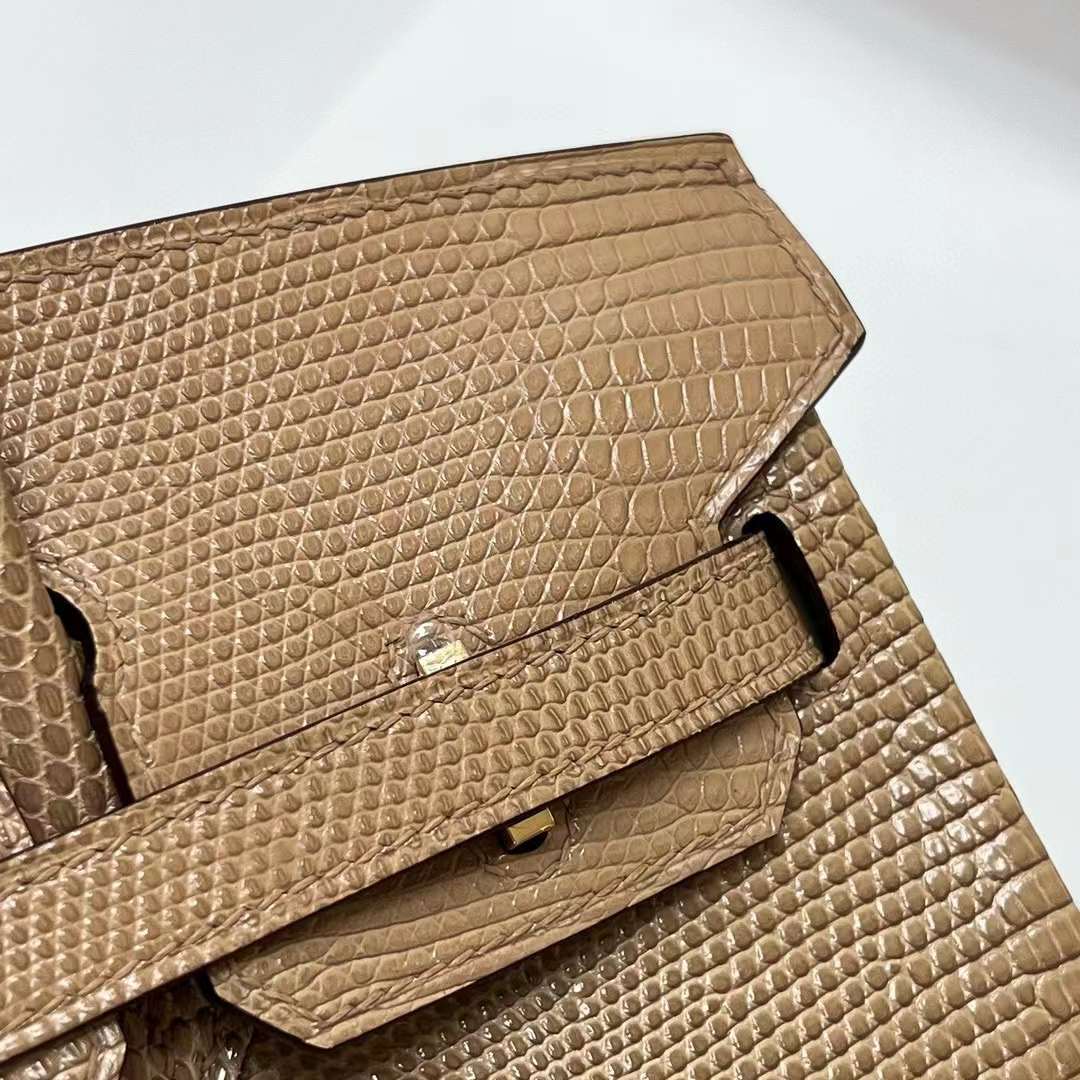Hermès（爱马仕）Birkin 铂金包 Lizard 进口蜥蜴皮 杏色 金扣 25cm 全手工蜡线缝制 Ghw