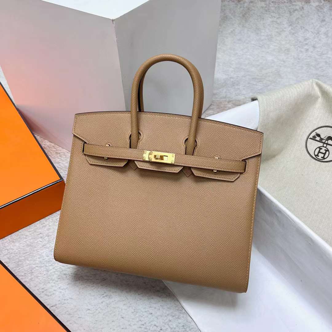 Hermès（爱马仕）Birkin 铂金包 Sellier Epsom 0M 奶茶色 金扣 25cm 全手工蜡线缝制 Ghw