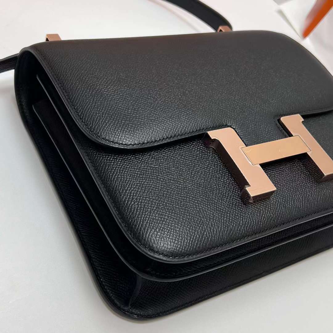 Hermès（爱马仕）Constance 空姐包 Epsom Ck89 黑色 玫瑰金扣 24cm 全手工蜡线缝制 RGhw