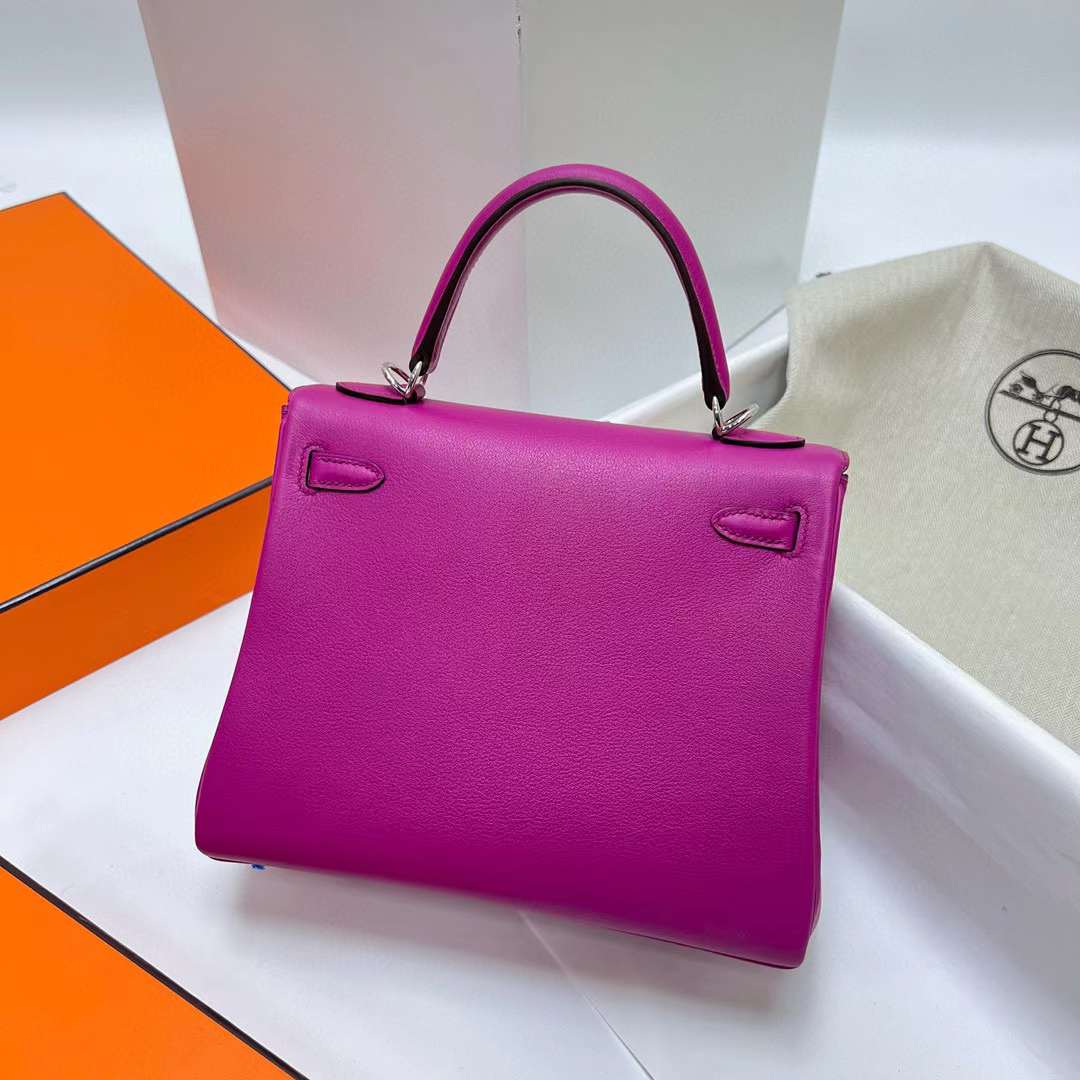 Hermès（爱马仕）Kelly 凯莉包 Swift皮 L3 玫瑰紫 银扣 25cm 全手工蜡线缝制 Phw
