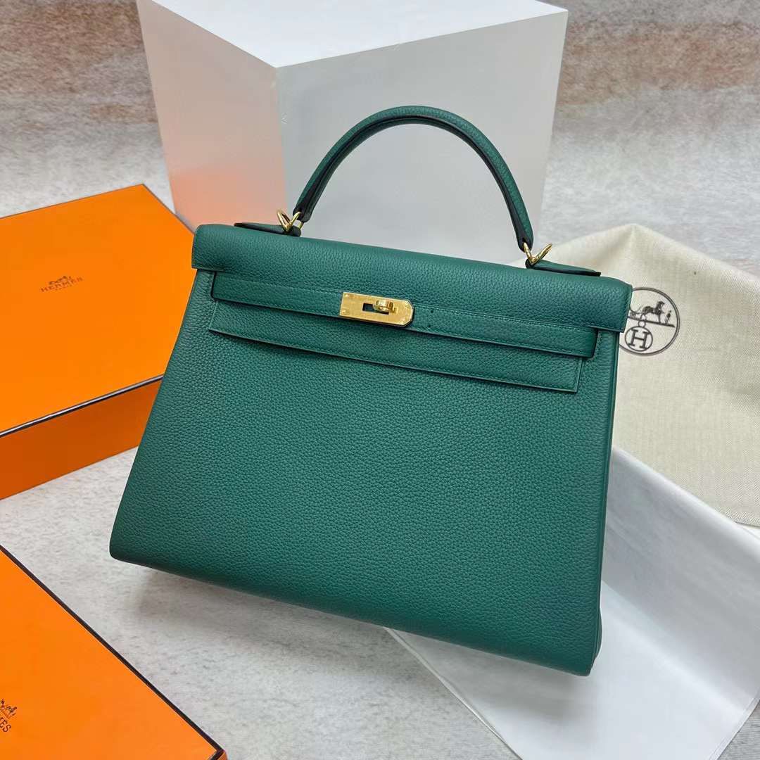 Hermès（爱马仕）Kelly Togo 御用原厂顶级小牛皮 Z6 孔雀绿 金扣 32cm 全手工蜡线缝制 Ghw