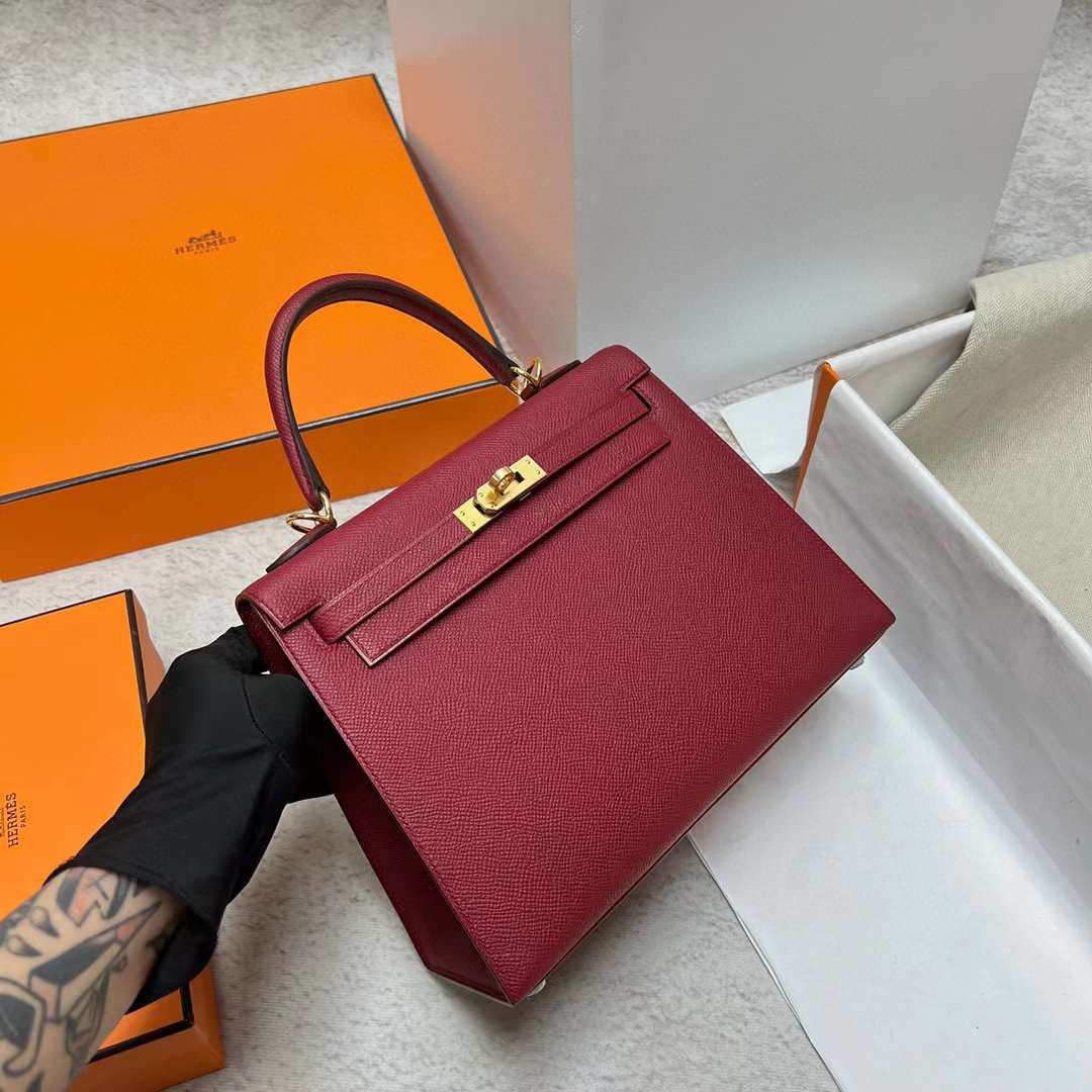 Hermès（爱马仕）Kelly 凯莉包 Epsom K1 石榴红 金扣 25cm 全手工蜡线缝制 Ghw