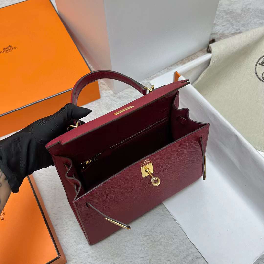 Hermès（爱马仕）Kelly 凯莉包 Epsom K1 石榴红 金扣 25cm 全手工蜡线缝制 Ghw