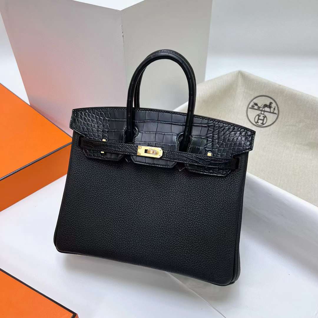 Hermès（爱马仕）Birkin 铂金包 Touch Togo & 雾面美洲鳄 Ck89 黑色 金扣 25cm 全手工蜡线缝制 Ghw