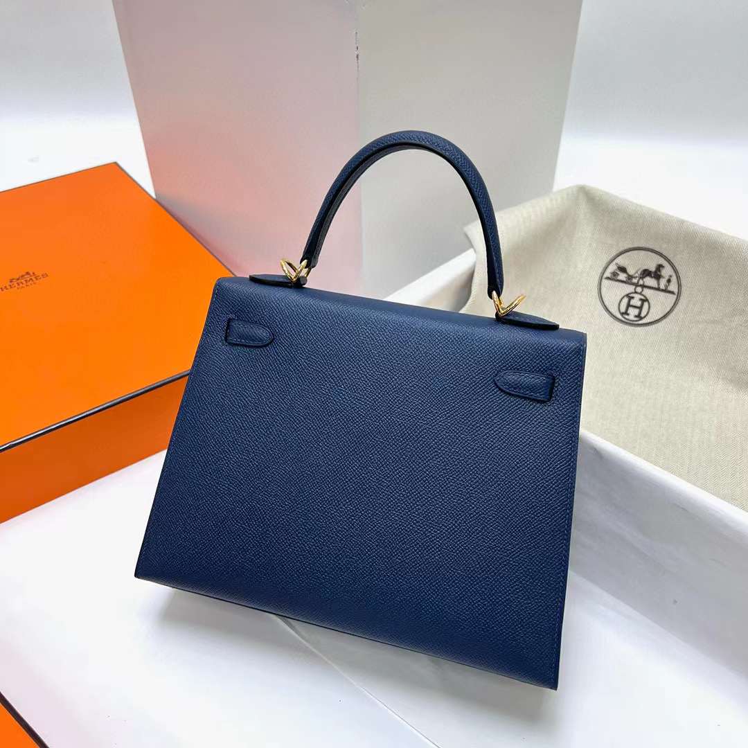 Hermès（爱马仕）Kelly 凯莉包 Epsom Ck73 宝石蓝 金扣 25cm 全手工蜡线缝制 Ghw