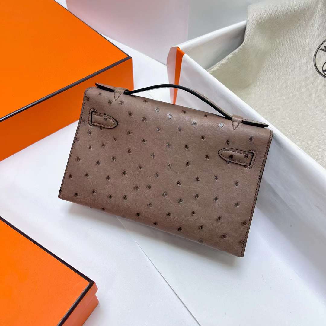 Hermès（爱马仕）Mini Kelly Pochette Ostrich 鸵鸟皮 慕斯灰 银扣 22cm 全手工蜡线缝制 Phw