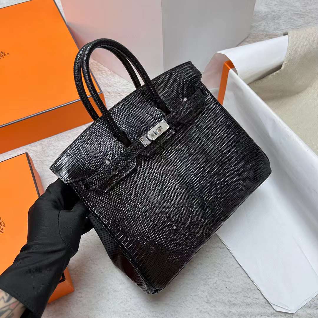 Hermès（爱马仕）Birkin 铂金包 Lizard 进口蜥蜴皮 Ck89 黑色 银扣 25cm 全手工蜡线缝制 Phw