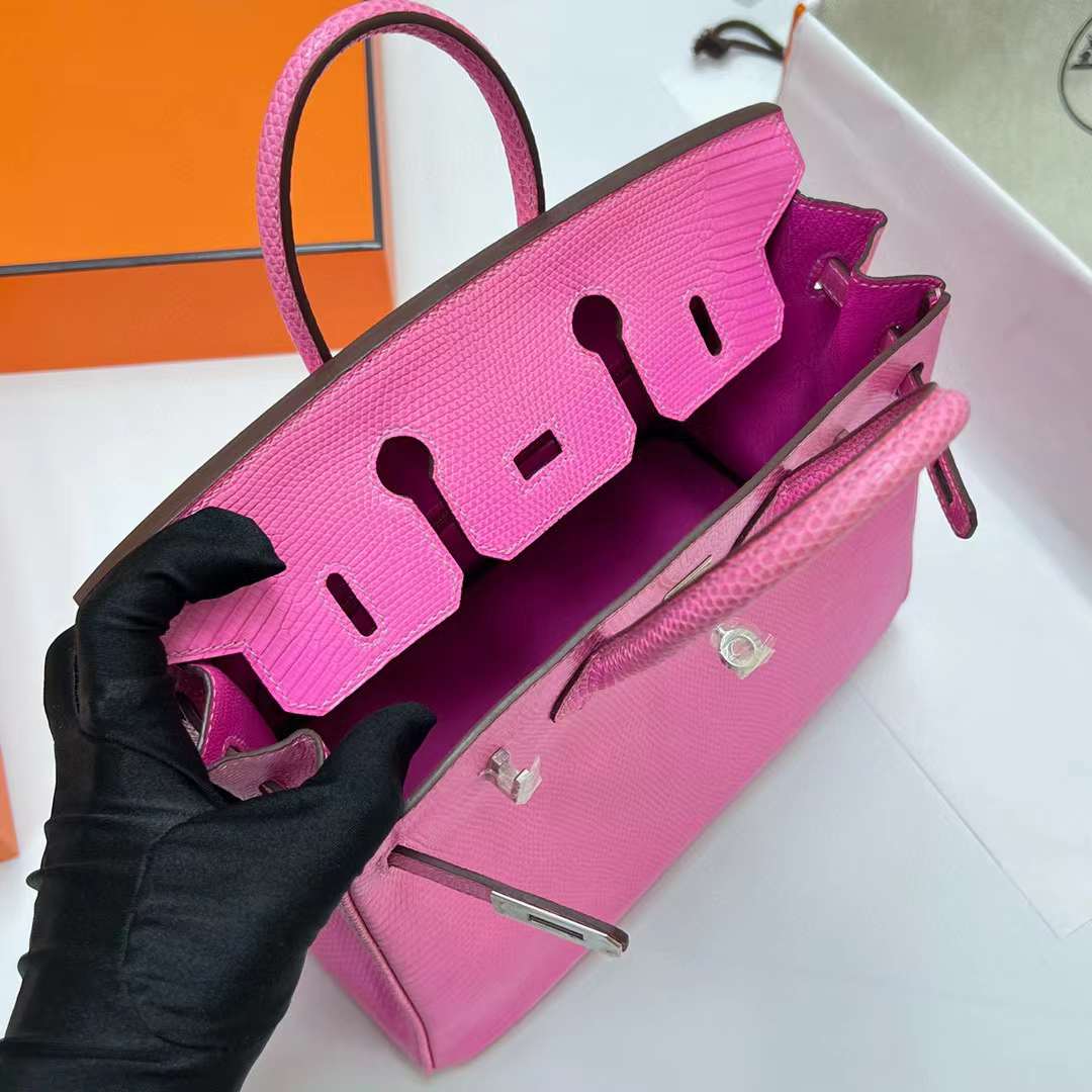Hermès（爱马仕）Birkin 铂金包 Lizard 进口蜥蜴皮 j5 桃粉色 银扣 25cm 全手工蜡线缝制 Phw