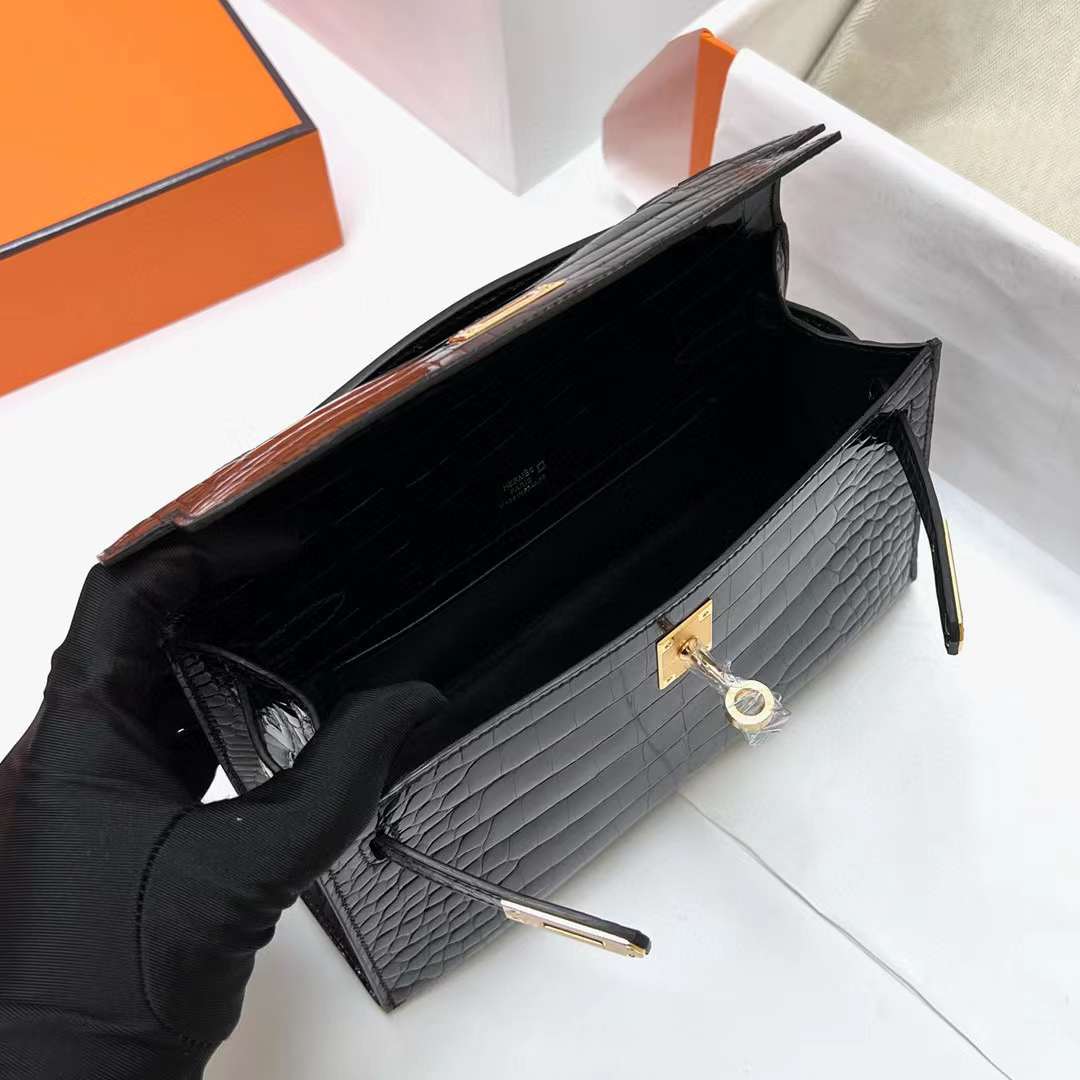 Hermès（爱马仕）Mini Kelly Pochette 亮面美洲鳄鱼 Shiny alligator crocodile ck89 黑色 金扣 22cm 全手工蜡线缝制 Ghw