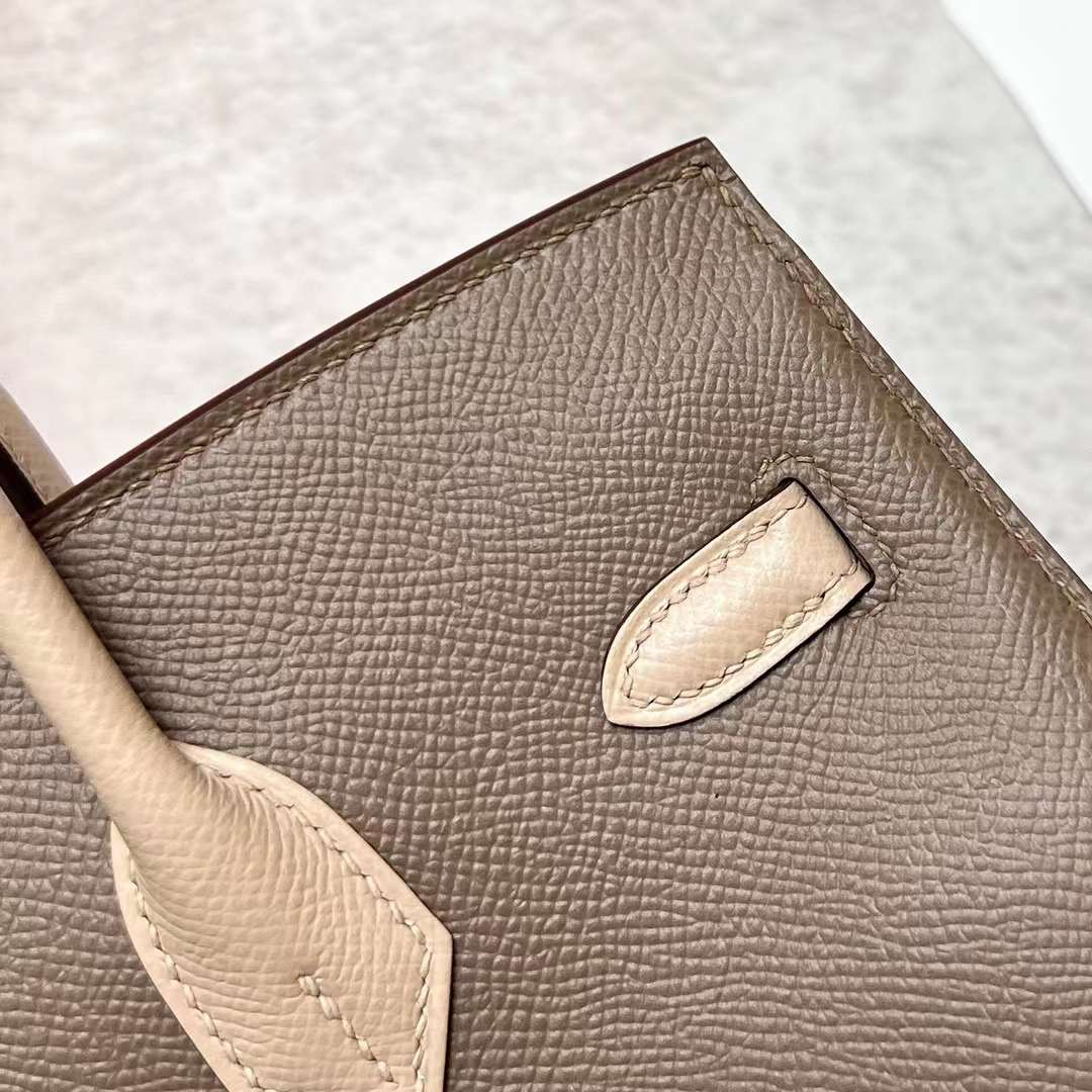 Hermès（爱马仕）Birkin 铂金包 Sellier Epsom Ck18 大象灰 拼 S2 风衣灰 玫瑰金扣 25cm 全手工蜡线缝制 Rghw