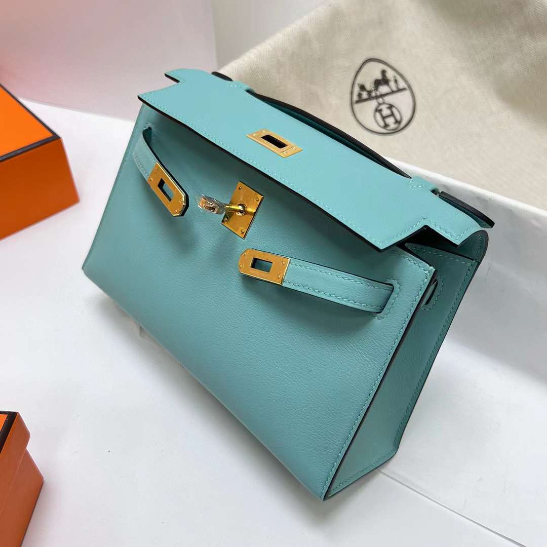Hermès（爱马仕）Mini Kelly Pochette Swift 3P 马卡龙蓝 金扣 22cm 全手工蜡线缝制 Ghw