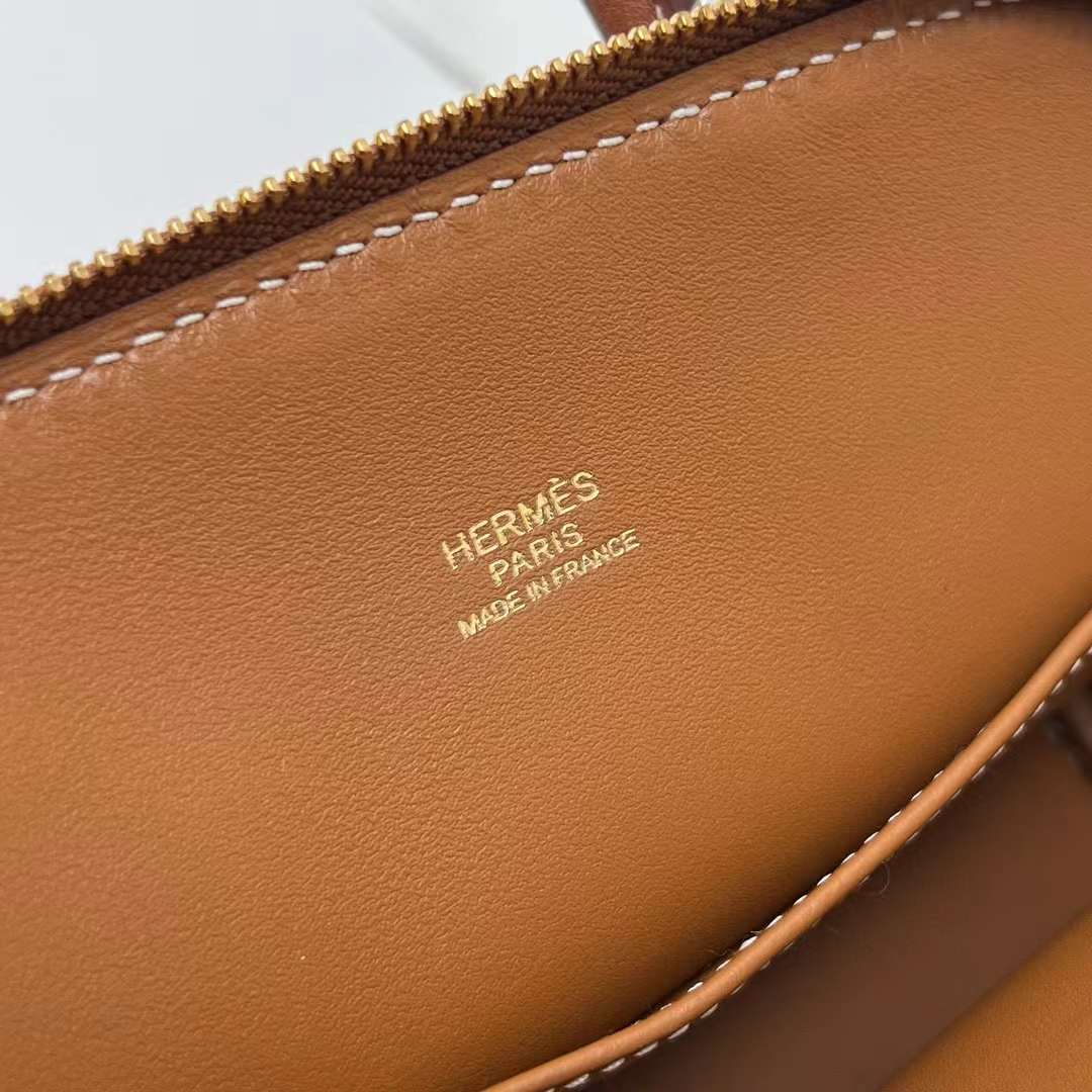 Hermès（爱马仕）Mini Bolide 迷你保龄球包 Evercolor Ck37 金棕色 金扣 19cm 全手工蜡线缝制 Ghw