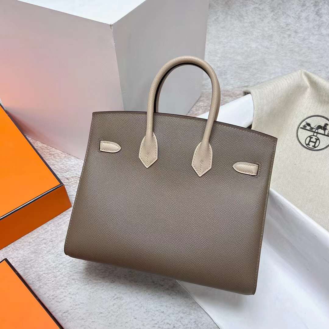 Hermès（爱马仕）Birkin 铂金包 Sellier Epsom Ck18 大象灰 拼 S2 风衣灰 玫瑰金扣 25cm 全手工蜡线缝制 Rghw