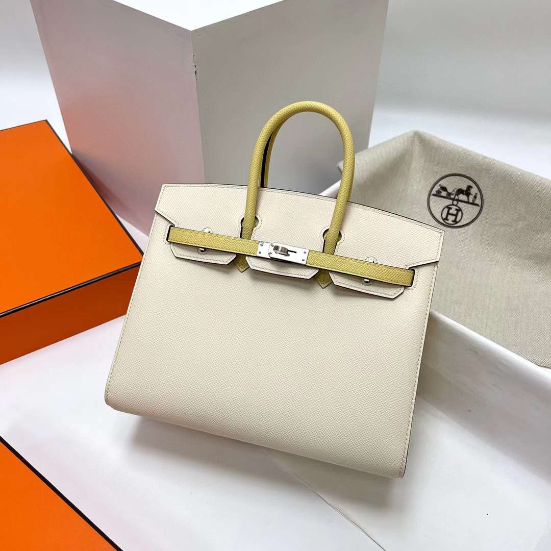 Hermès（爱马仕）Birkin 铂金包 Sellier Epsom I2 奶油白 拼 1Z 小鸡黄 银扣 25cm 全手工蜡线缝制