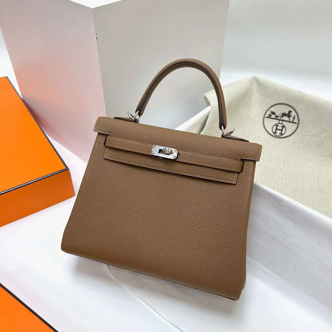 Hermès（爱马仕）Kelly 凯莉包 Togo皮 3G 栗子色 内拼 墨西哥粉 银扣 25cm 全手工蜡线缝制 Phw