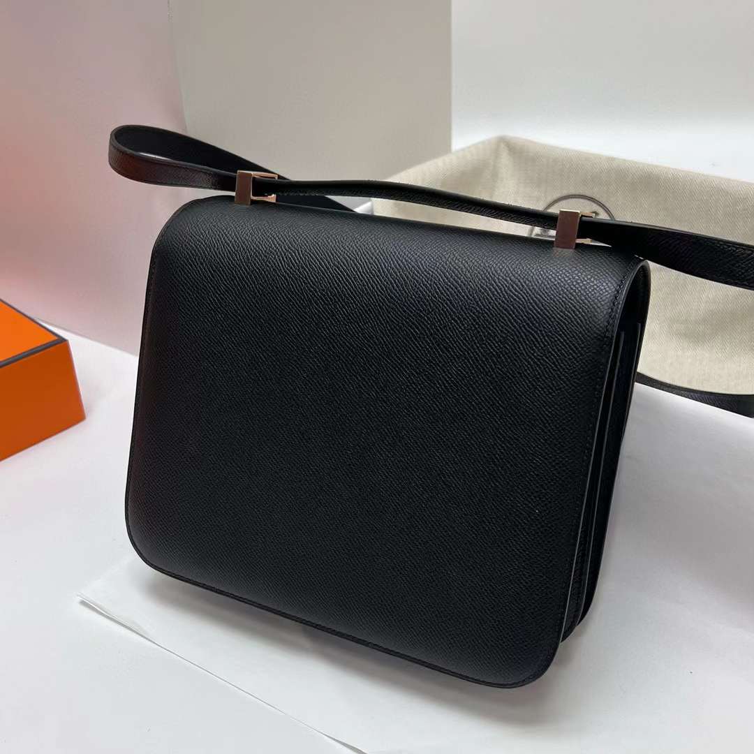 Hermès（爱马仕）Constance 空姐包 Epsom Ck89 黑色 玫瑰金扣 24cm 全手工蜡线缝制 RGhw