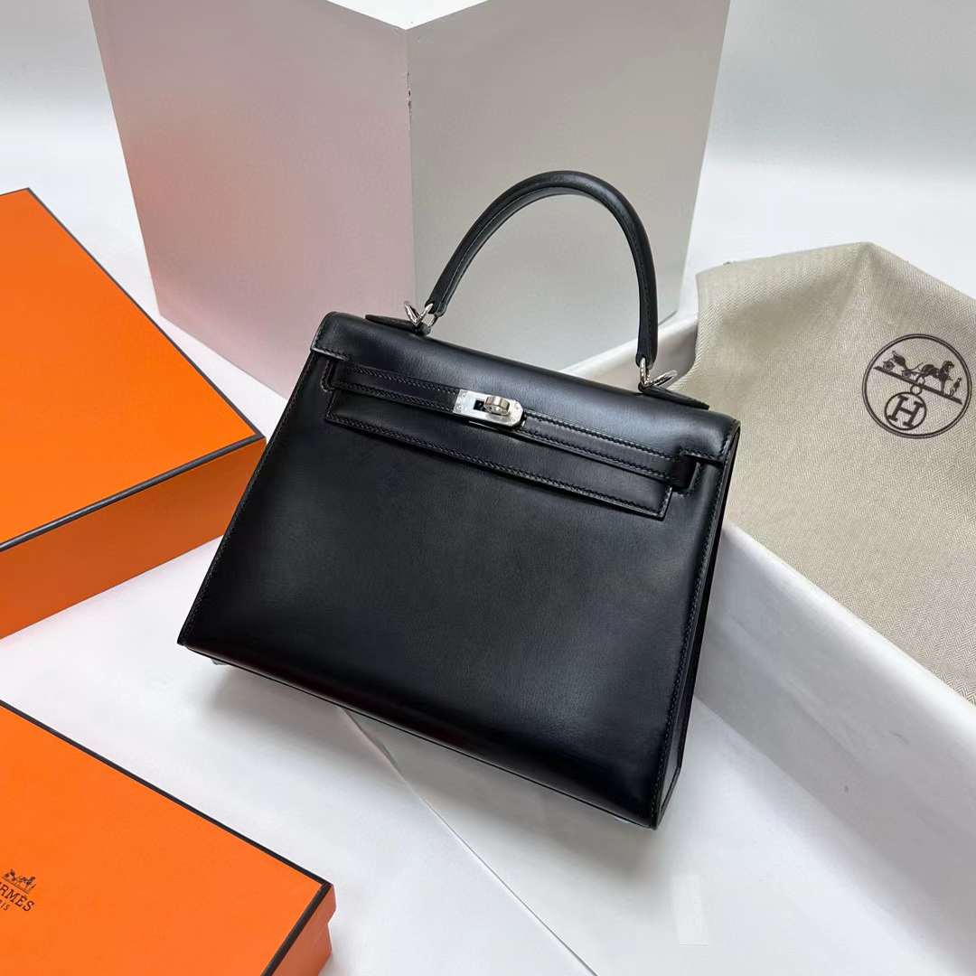 Hermès（爱马仕）Kelly 凯莉包 Box皮 Ck89 黑色 银扣 25cm 全手工蜡线缝制 Phw
