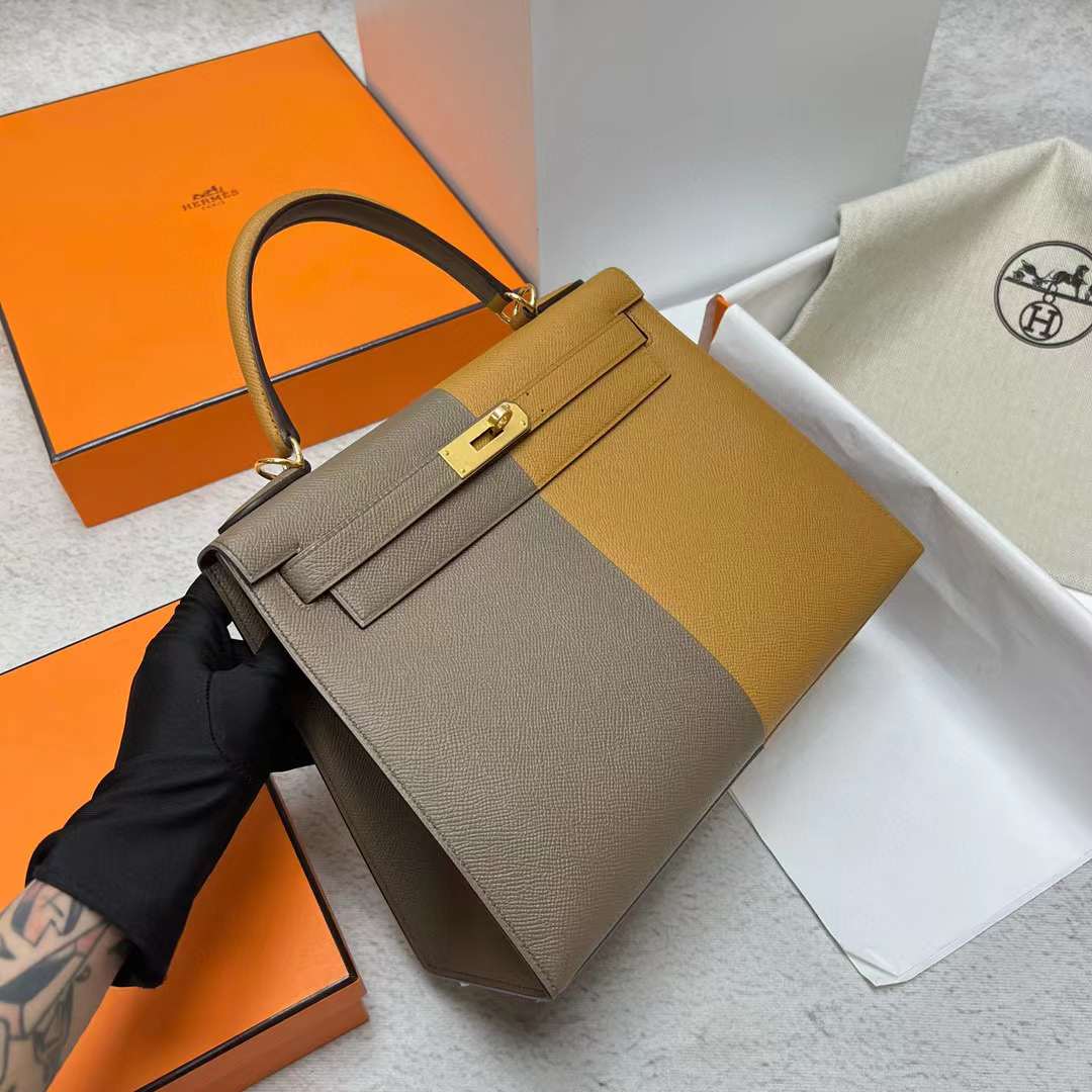 Hermès（爱马仕）Kelly 凯莉包 Epsom 三拼色 Ck18 大象灰 拼 2S 芝麻色 内拼 深海蓝 金扣 28cm 全手工蜡线缝制 Ghw