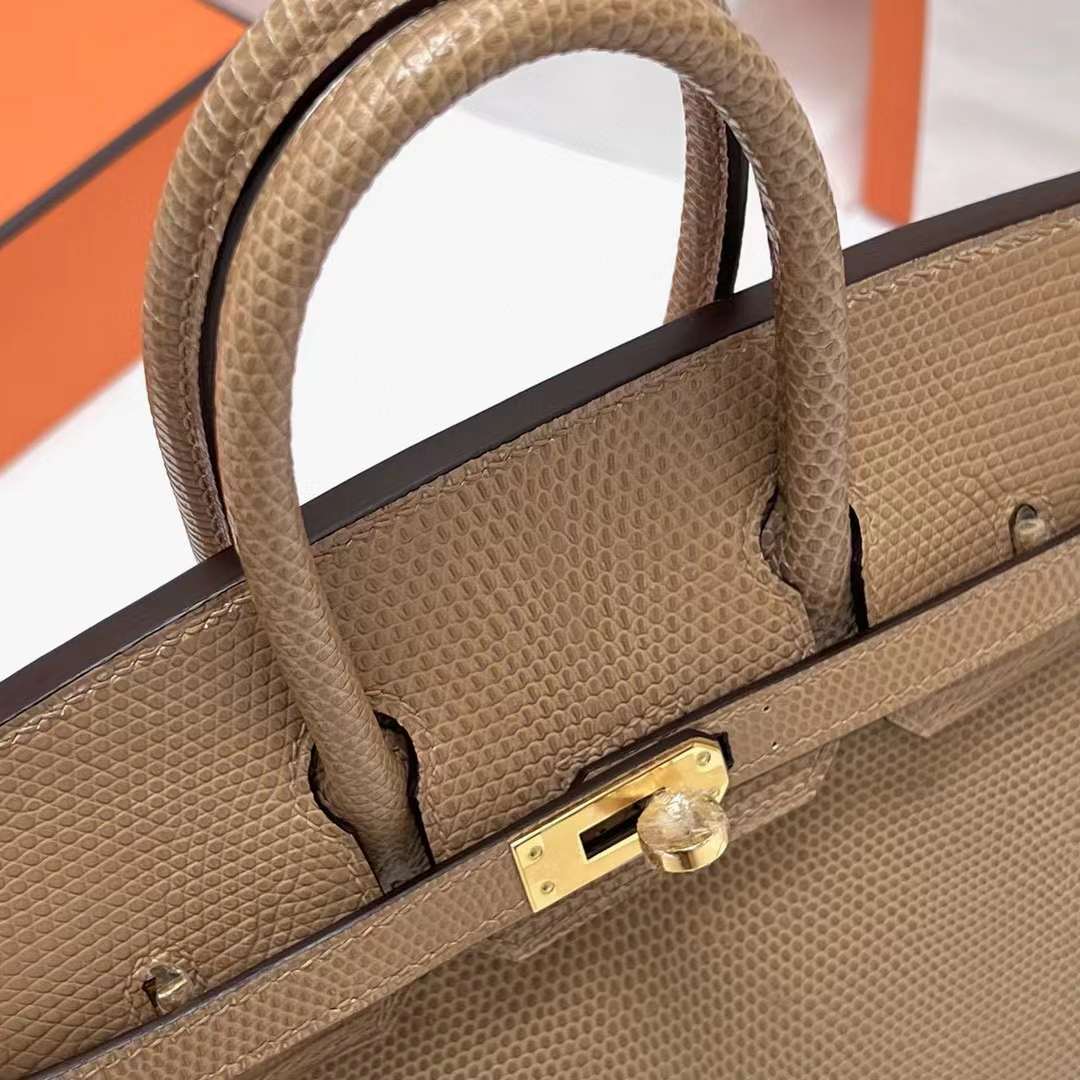 Hermès（爱马仕）Birkin 铂金包 Lizard 进口蜥蜴皮 杏色 金扣 25cm 全手工蜡线缝制 Ghw