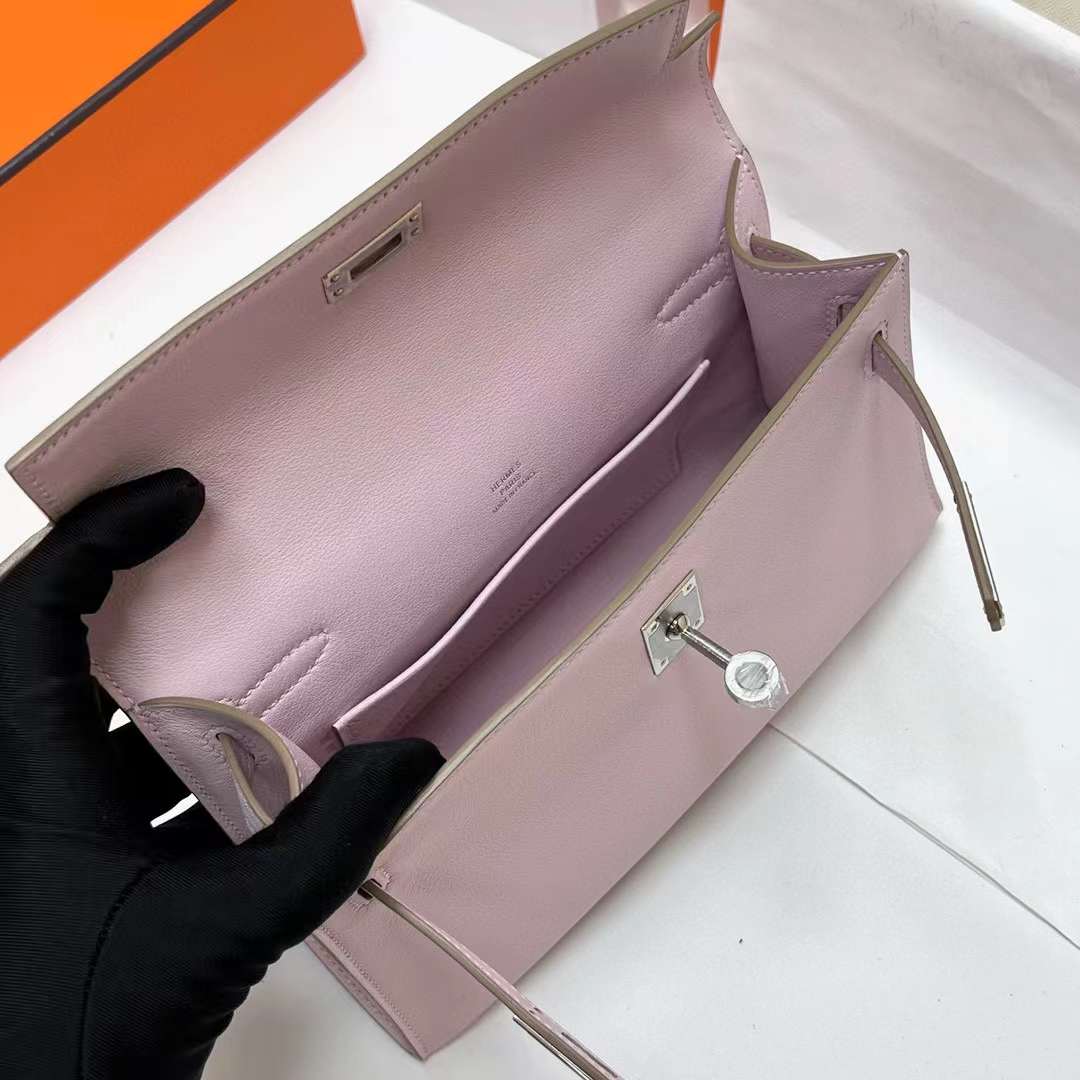 Hermès（爱马仕）Mini Kelly Pochette Swift 09 梦幻粉紫 银扣 22cm 全手工蜡线缝制 phw