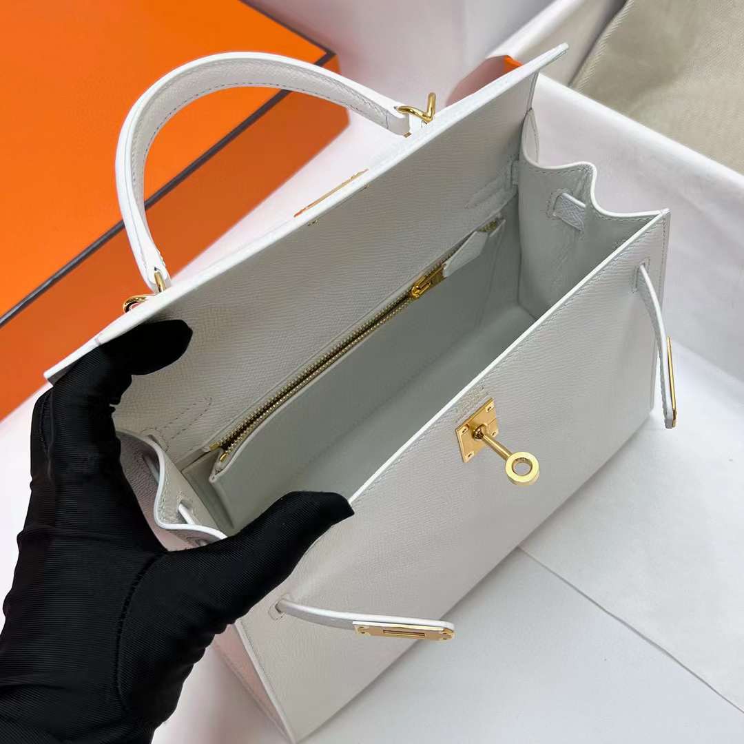 Hermès（爱马仕）Kelly 凯莉包 Epsom 01 纯白 金扣 25cm 全手工蜡线缝制 Ghw