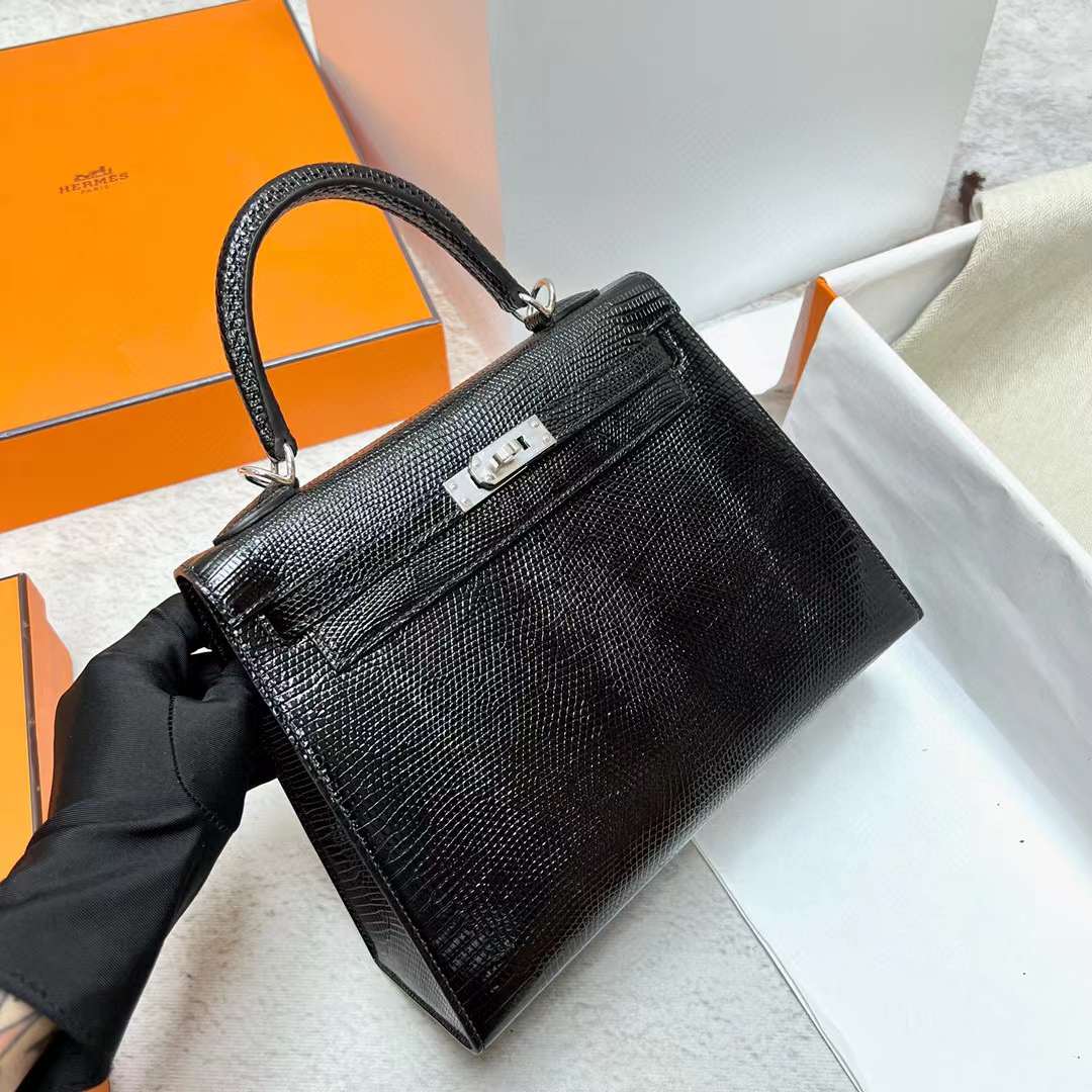 Hermès（爱马仕）Kelly 凯莉包 Lizard 进口蜥蜴皮 Ck89 黑色 银扣 25cm 全手工蜡线缝制 Phw