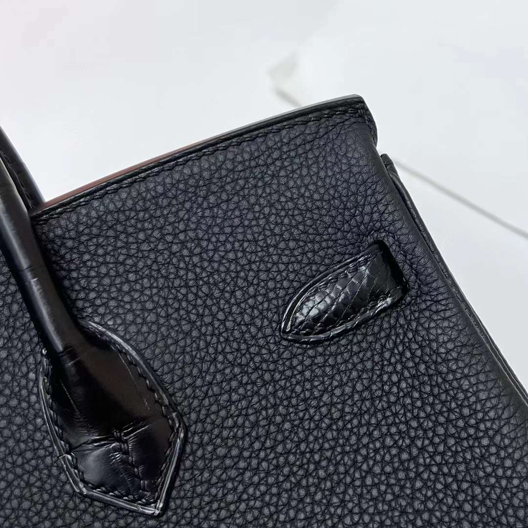 Hermès（爱马仕）Birkin 铂金包 Touch Togo & 雾面美洲鳄 Ck89 黑色 金扣 25cm 全手工蜡线缝制 Ghw